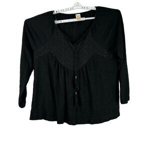 Black Lace-Trim V-Neck Blouse XL (16-18) By Faded Glory